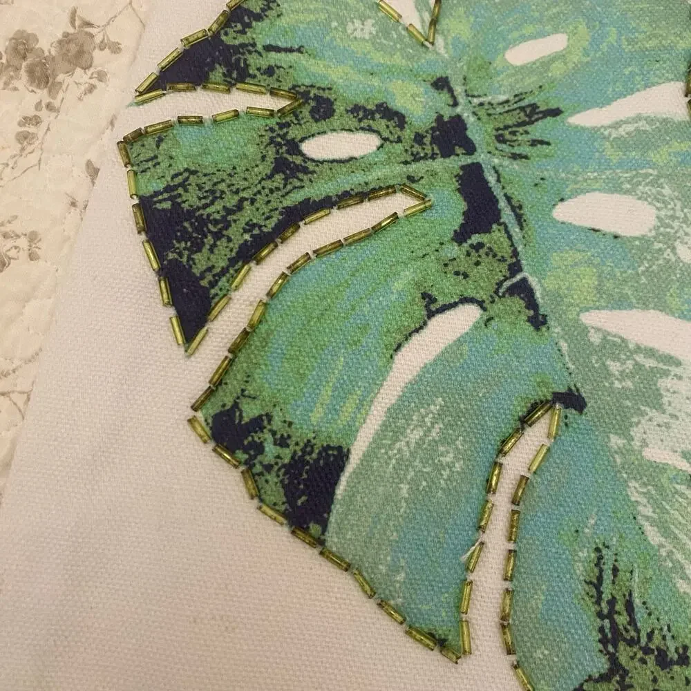 Set of TWO Tropical Monstera Leaf Beaded Throw Pillow Covers 19x13 with Zipper